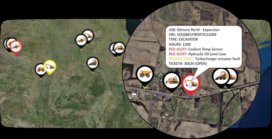 ATC fleet map view — equipment icons pinned across an aerial map with severity-colored markers, and a popup showing job, VIN, machine type, hours, two red alerts (coolant temp sensor, hydraulic oil level low), one yellow alert (turbocharger actuator fault), and open ticket number 30029.