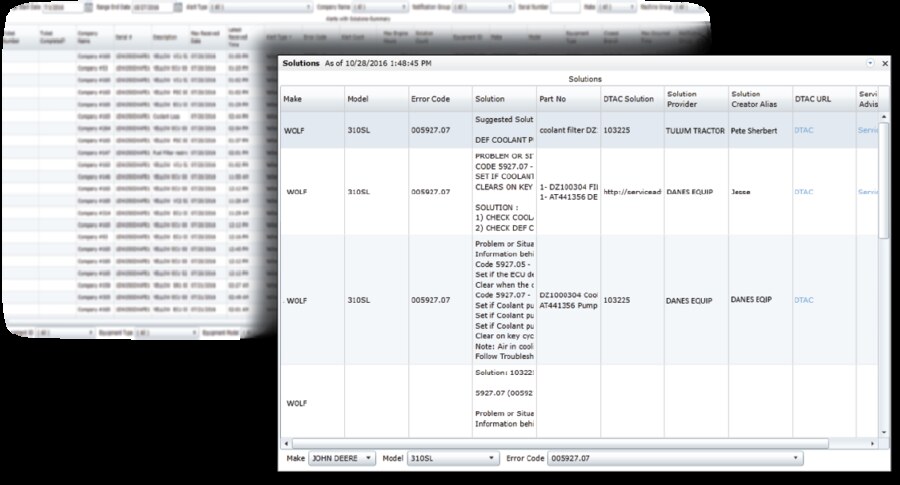 ATC shared solutions knowledgebase — a queryable table of prior fixes indexed by Make, Model, and Error Code, with the documented solution, part numbers, DTAC reference, solution provider, and the technician who created each entry.