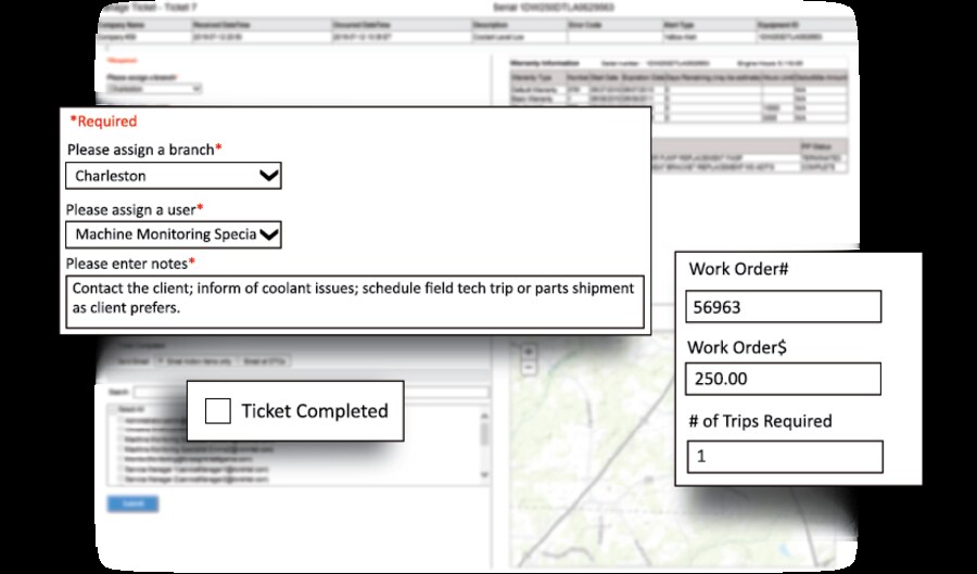 ATC ticket assignment view — a 'Required' assignment form with branch (Charleston), assigned user (Machine Monitoring Specialist), and field notes ('Contact the client; inform of coolant issues; schedule field tech trip or parts shipment'), alongside work order metadata (Work Order #56963, $250.00, 1 trip required) and a Ticket Completed checkbox.