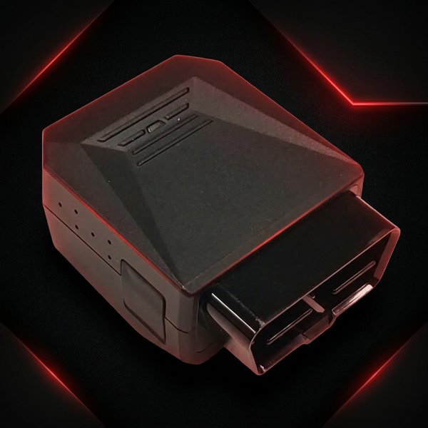 LMU-3040 — compact black OBD-II self-install asset tracker with 16-pin connector and ventilation slots, photographed on a dark red-accented background.