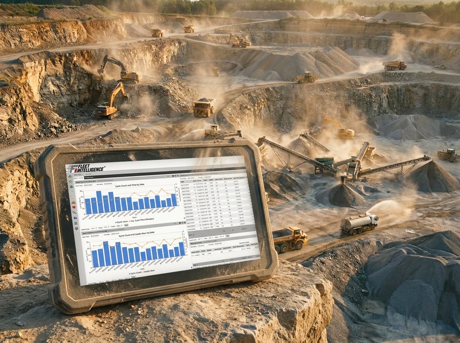 Rugged tablet displaying Fleet Intelligence M3 dashboard with cycle-count, time, and load bar charts, resting on rocky terrain overlooking an open-pit aggregate quarry with excavators, dump trucks, bulldozers, conveyors, and terraced rock walls.