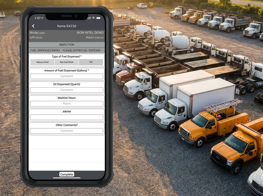 Smartphone displaying the Fleet Intelligence fuel dispensing entry form — model, S/N, hours, fuel type (highway diesel, red-dyed diesel, DEF), jobsite, comments — overlaid on a yard of dump trucks, cement mixers, and service vehicles.