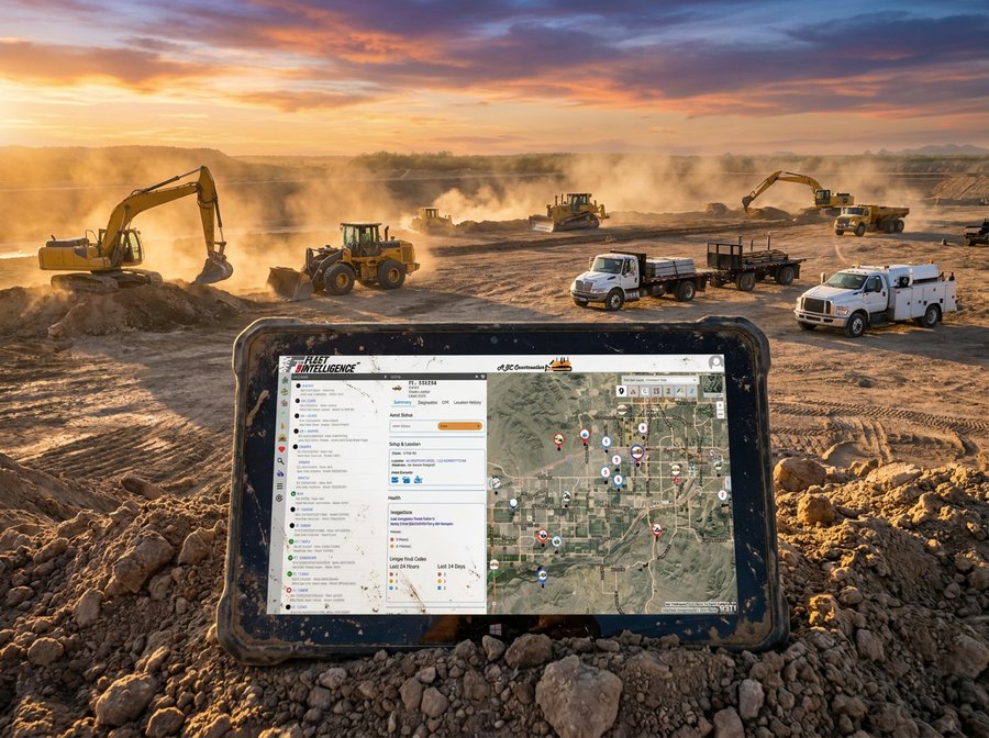 Rugged tablet displaying Fleet Intelligence software with an asset list and map view, set against a sunset construction site with excavators, bulldozers, wheel loaders, dump trucks, and service vehicles working amid dust.