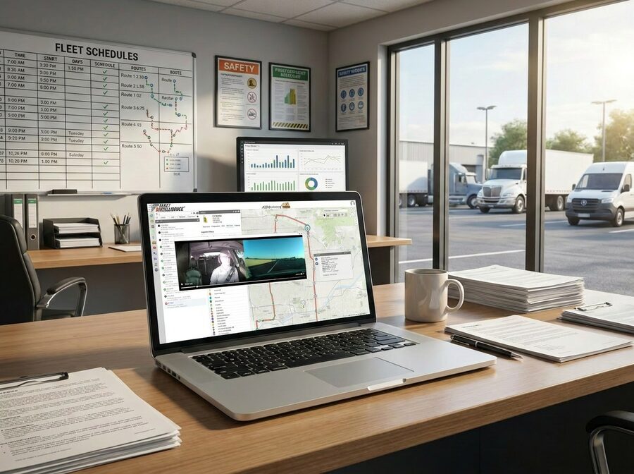 Fleet management office workspace — laptop on a wooden desk displaying dashcam footage of a driver alongside a route map and vehicle tracking lists, with an analytics monitor and Fleet Schedules whiteboard behind, and trucks visible through large windows.