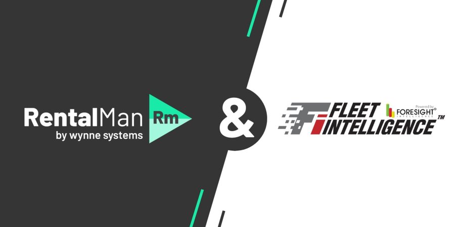 Partnership graphic: RentalMan by Wynne Systems logo on the left and Fleet Intelligence (powered by Foresight) logo on the right, connected by a large ampersand.
