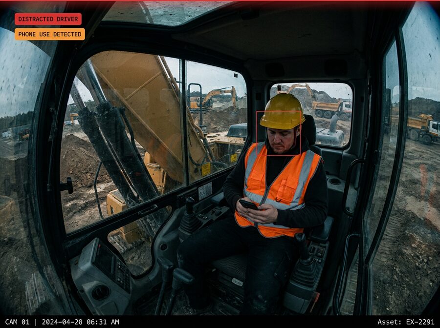 Operator-facing in-cab camera view from CAM 01 (Asset EX-2291) — an excavator operator in a yellow hard hat and orange high-visibility vest looking down at a smartphone instead of the work zone, with AI detection overlays flagging 'Distracted Driver' and 'Phone Use Detected.'