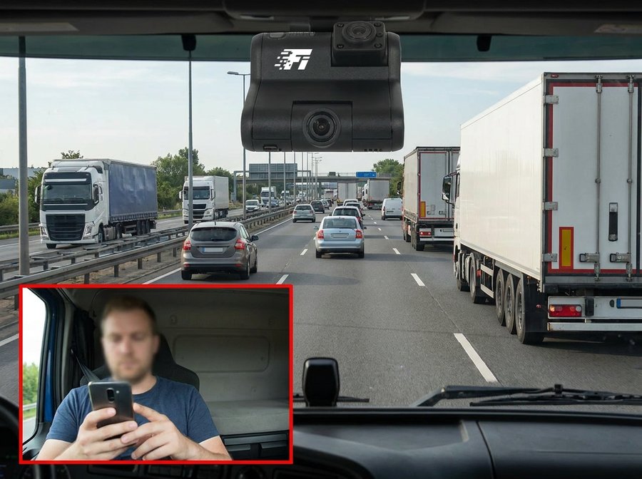 Driver's view through the windshield on a multi-lane highway with semi-trailers and cars ahead — a Fleet Intelligence dual-lens dash camera mounted on the windshield, with an inset showing a distracted driver looking at their phone.