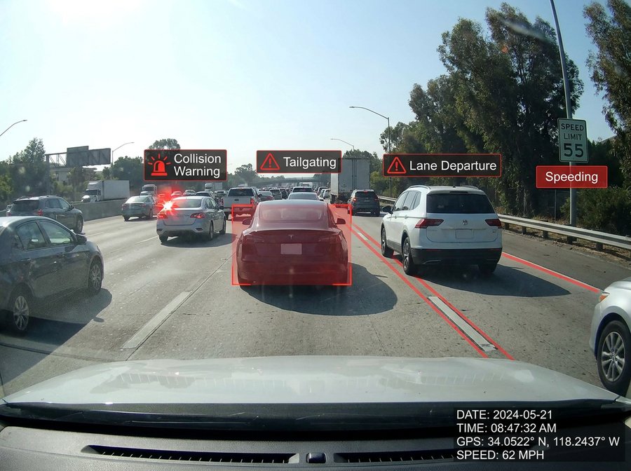 Forward dashcam view through a windshield on a multi-lane highway with traffic and a red Tesla ahead — overlaid driver-assistance warnings for Collision Warning, Tailgating, Lane Departure, and Speeding, with date, GPS coordinates, and 62 MPH speed indicator at the bottom.