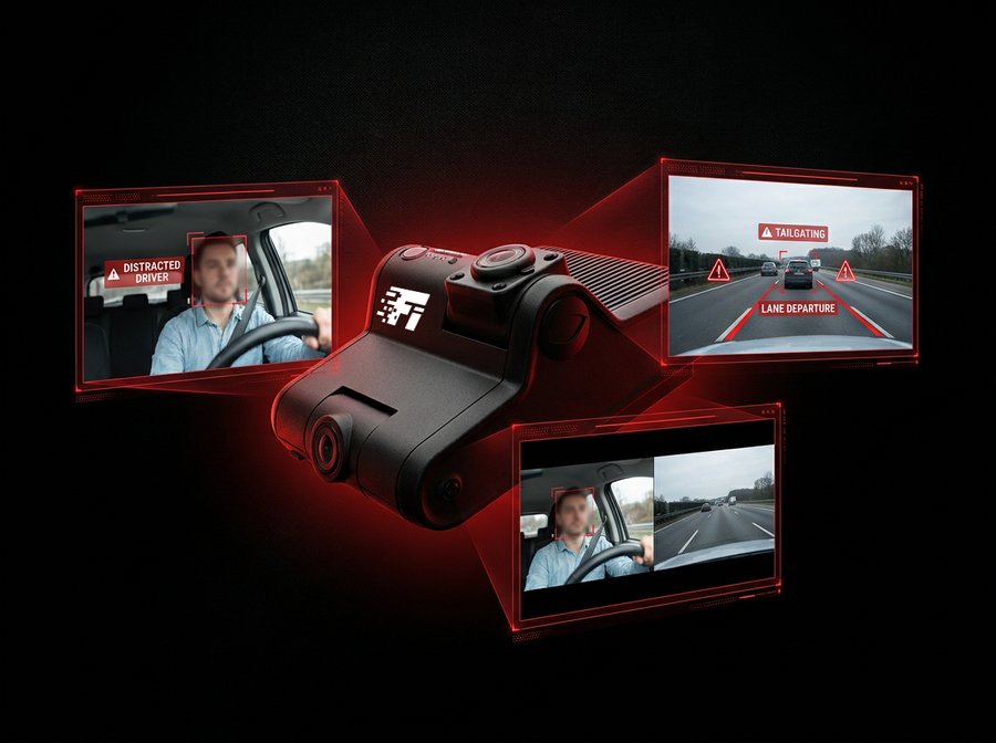 Fleet Intelligence dual-facing AI safety camera with three projected display panels — distracted driver detection on the left, highway tailgating and lane departure warnings on the upper right, and a combined driver-and-road view below.