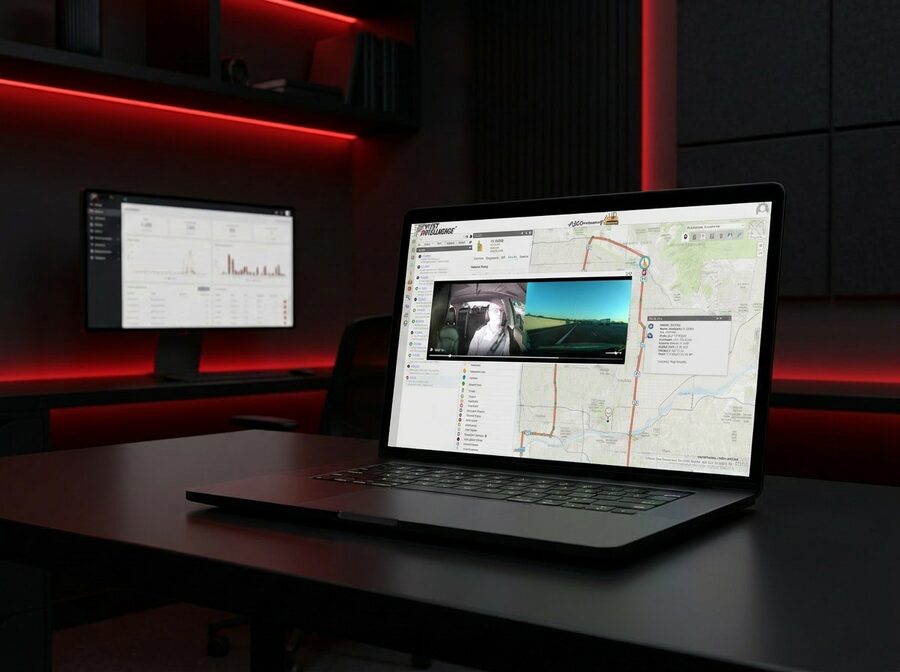 Laptop on a dark command-center desk displaying the Fleet Intelligence platform — split view with a live route map and dual dashcam feeds (driver-facing and road-facing), alongside vehicle data and event logs. A desktop monitor in the background shows analytics dashboards, with red LED accent lighting throughout the room.