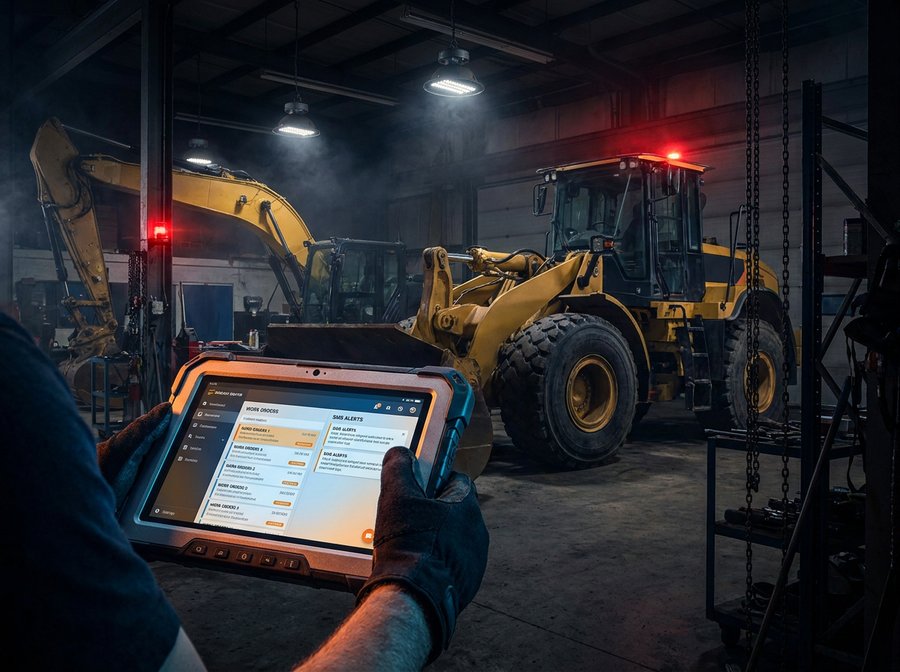 Worker's gloved hands holding a rugged tablet displaying the Fleet Intelligence FI-SMS work-orders interface in a dimly lit industrial workshop, with a yellow excavator and wheel loader under pendant lights in the background.