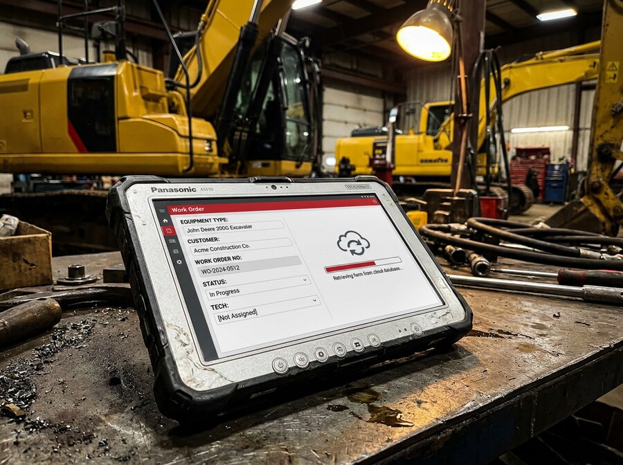 Rugged Panasonic Toughbook tablet on a worn metal workbench in an industrial garage, displaying a Fleet Intelligence Work Order screen — John Deere 200G Excavator, Acme Construction Co., status In Progress with cloud sync — with large CAT and Komatsu excavators parked behind.