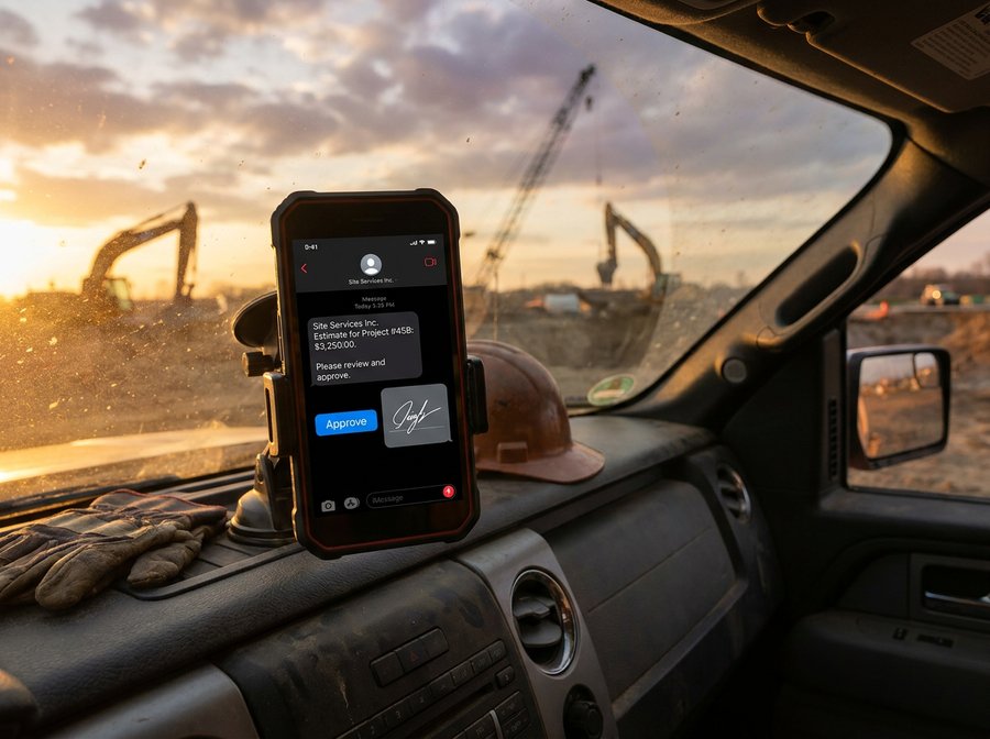 View from inside a truck cab at a sunset construction site — a rugged smartphone mounted on the dashboard displays a text message from Site Services Inc. with an estimate for Project #45B at $3,250.00, an Approve button, and a digital signature. Excavators and a crane are visible through the windshield.