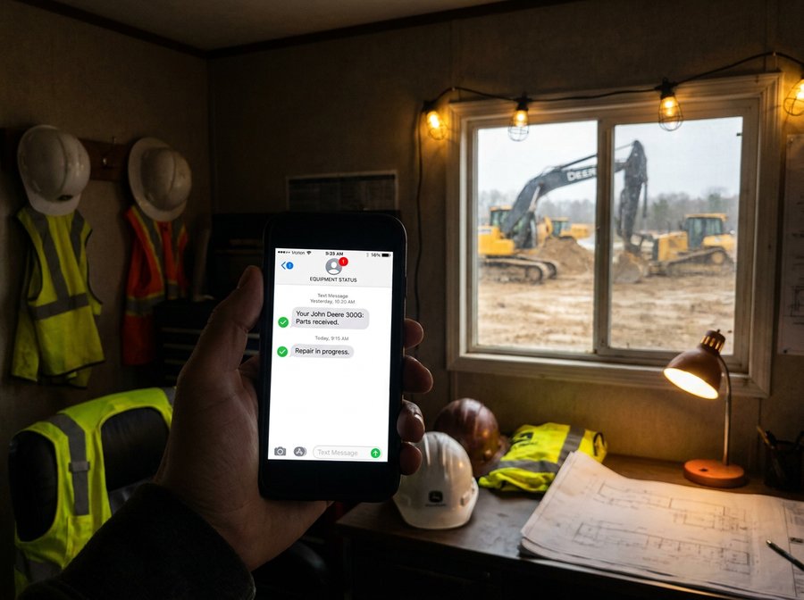 Hand holding a smartphone displaying an Equipment Status text conversation for a John Deere 300G — 'Parts received' and 'Repair in progress' messages — set in a construction site office with hard hats, safety vests, and a window overlooking an excavator and bulldozer.