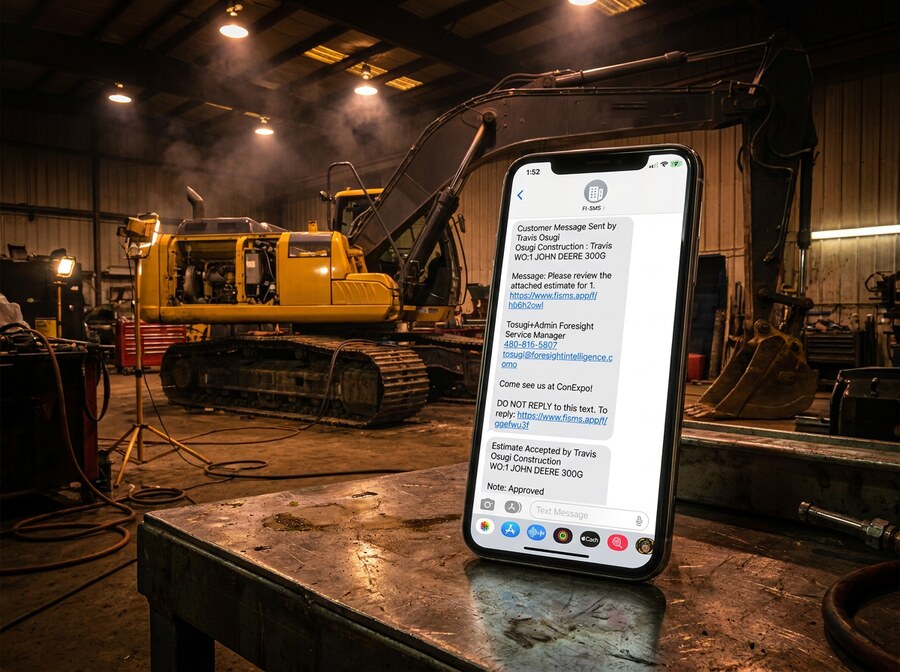 Smartphone on a metal workbench in an industrial repair shop, displaying a text-message conversation about a John Deere 300G excavator service — customer message from Travis Osugi, contact info for the Foresight Service Manager, and an 'Estimate Accepted' notification — with the John Deere 300G excavator visible in the background.