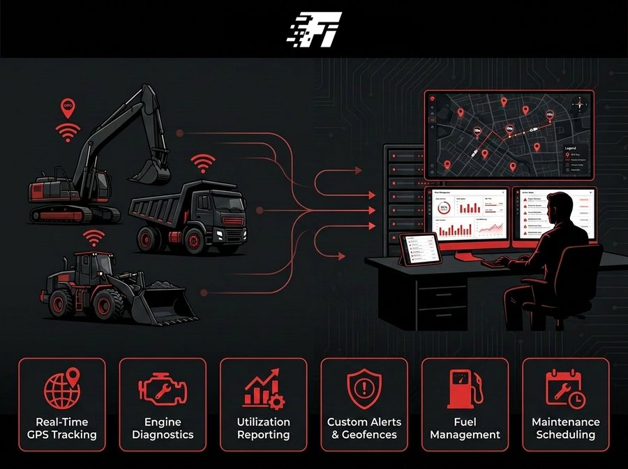Advanced Telematics infographic — three red and black construction vehicles (excavator, dump truck, wheel loader) emit GPS and Wi-Fi signals on the left, connected by red data lines to a server stack and operator workstation on the right showing a city map with location pins and analytics dashboards. Five icons across the bottom: Real-Time GPS Tracking, Engine Diagnostics, Utilization, and others.
