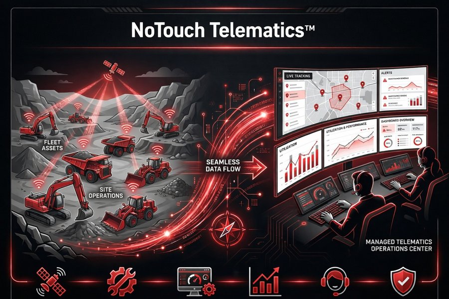 NoTouch Telematics infographic — construction and aggregate jobsite on the left with excavators, dump trucks, and loaders connected via satellite to a Managed Telematics Operations Center on the right where operators monitor live tracking maps, alerts, and performance dashboards. A glowing arrow labeled 'Seamless Data Flow' connects the two.